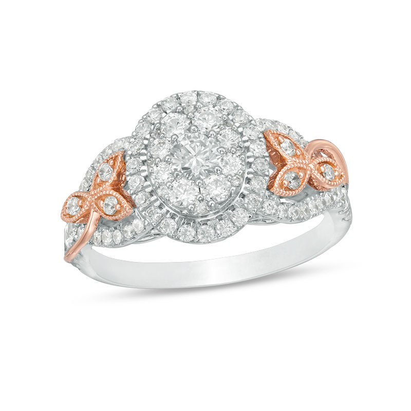 Main Image 1 of 1 CT. T.W. Diamond Oval Frame Leaf-Sides Vintage-Style Engagement Ring in 14K Two-Tone Gold