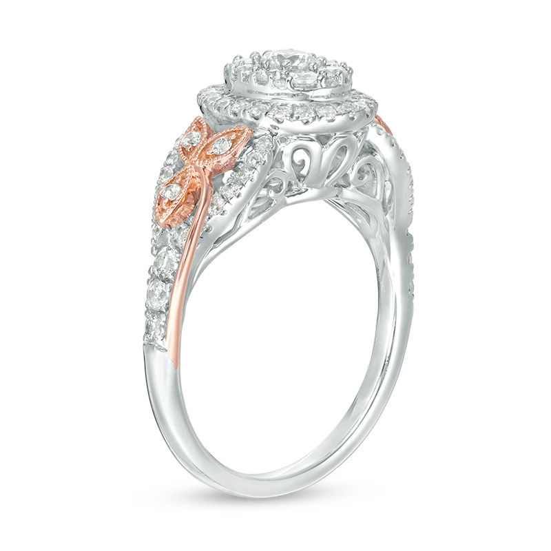 Main Image 2 of 1 CT. T.W. Diamond Oval Frame Leaf-Sides Vintage-Style Engagement Ring in 14K Two-Tone Gold