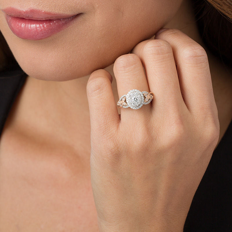 Main Image 3 of 1 CT. T.W. Diamond Oval Frame Leaf-Sides Vintage-Style Engagement Ring in 14K Two-Tone Gold
