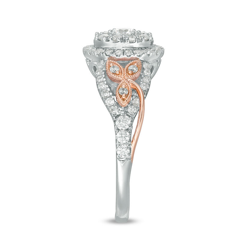 Main Image 4 of 1 CT. T.W. Diamond Oval Frame Leaf-Sides Vintage-Style Engagement Ring in 14K Two-Tone Gold