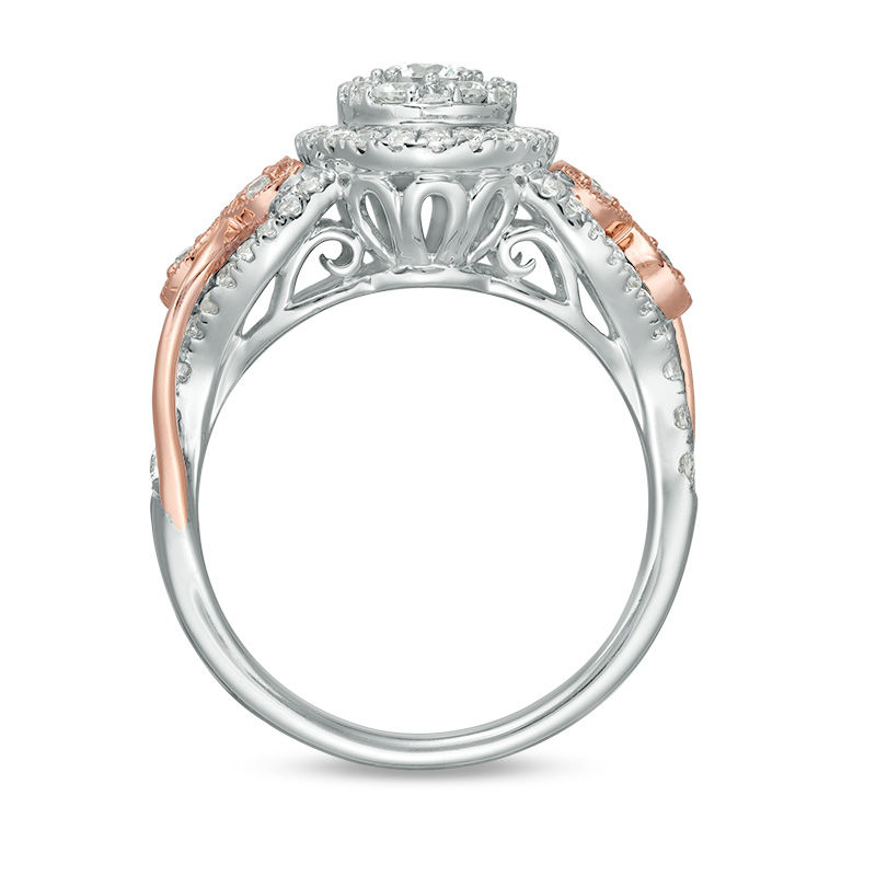 Main Image 5 of 1 CT. T.W. Diamond Oval Frame Leaf-Sides Vintage-Style Engagement Ring in 14K Two-Tone Gold