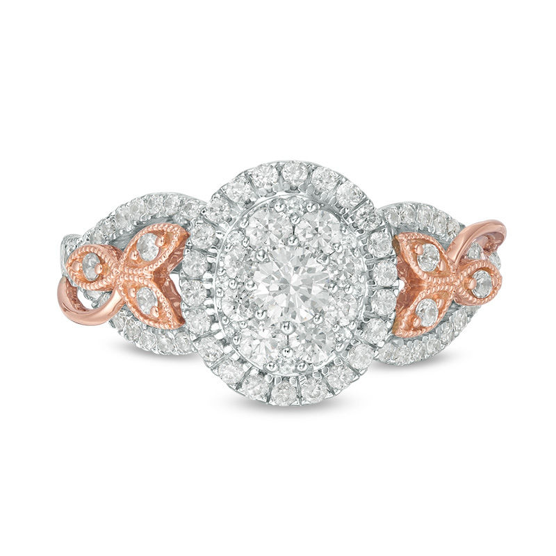 Main Image 6 of 1 CT. T.W. Diamond Oval Frame Leaf-Sides Vintage-Style Engagement Ring in 14K Two-Tone Gold