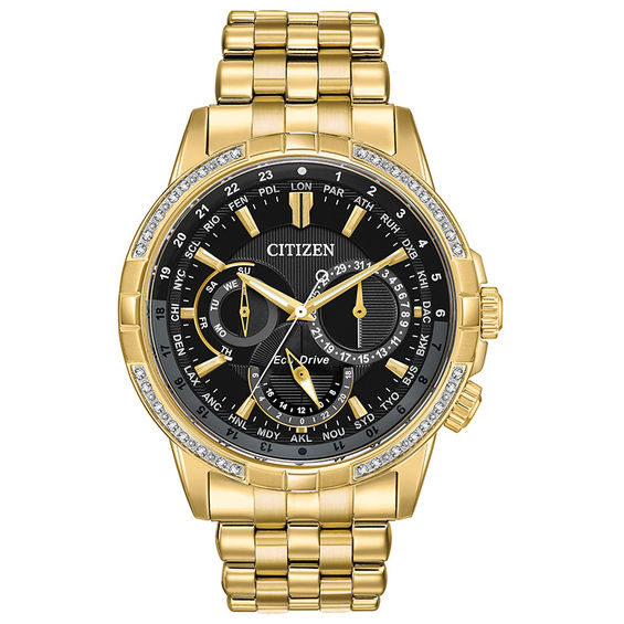 Men's Citizen Eco-DriveÂ® Calendrier Diamond Accent Chronograph Gold-Tone Watch with Black Dial (Model: Bu2082-56E)