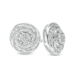 1/4 CT. T.W. Baguette and Round Diamond Swirl Love Knot Stud Earrings in Sterling Silver