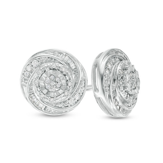 1/4 CT. T.w. Baguette and Round Diamond Swirl Love Knot Stud Earrings in Sterling Silver
