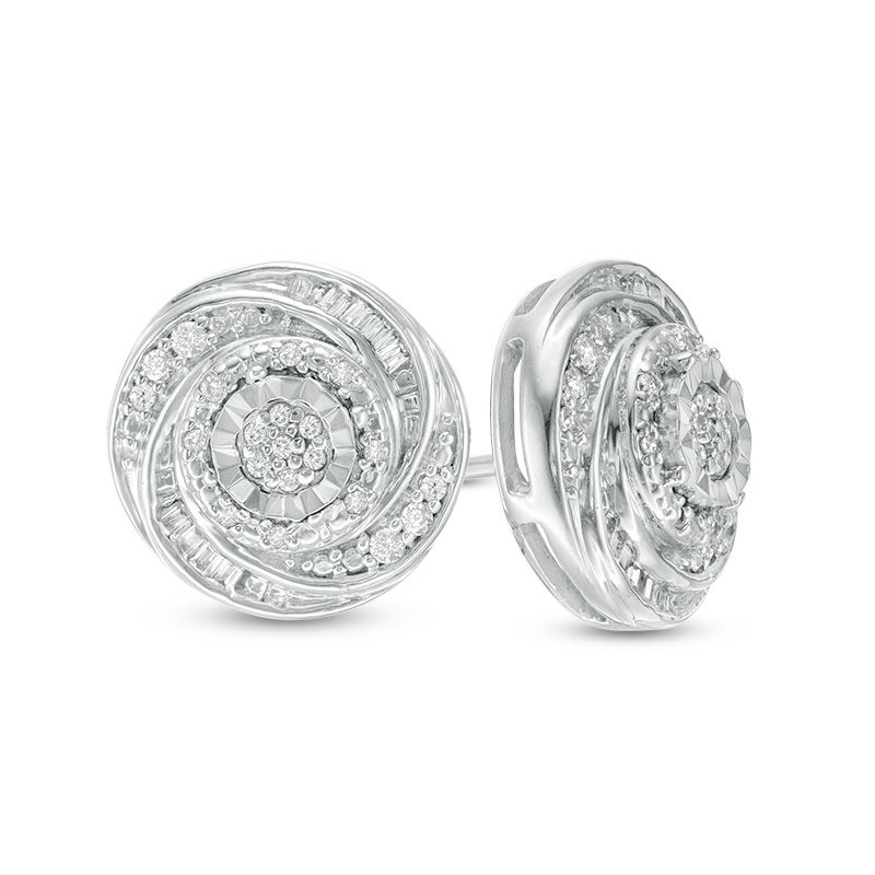 Main Image 1 of 1/4 CT. T.W. Baguette and Round Diamond Swirl Love Knot Stud Earrings in Sterling Silver