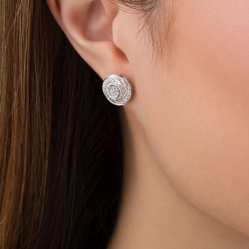 Main Image 2 of 1/4 CT. T.W. Baguette and Round Diamond Swirl Love Knot Stud Earrings in Sterling Silver