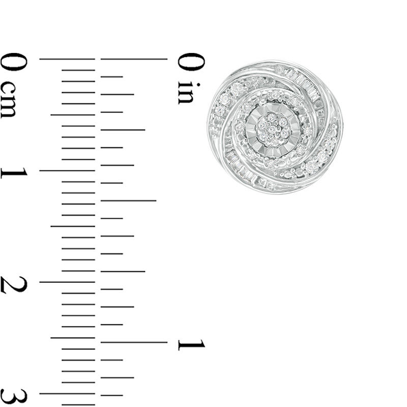 Main Image 3 of 1/4 CT. T.W. Baguette and Round Diamond Swirl Love Knot Stud Earrings in Sterling Silver