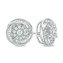 3/4 CT. T.W. Baguette and Round Diamond Swirl Love Knot Stud Earrings in Sterling Silver