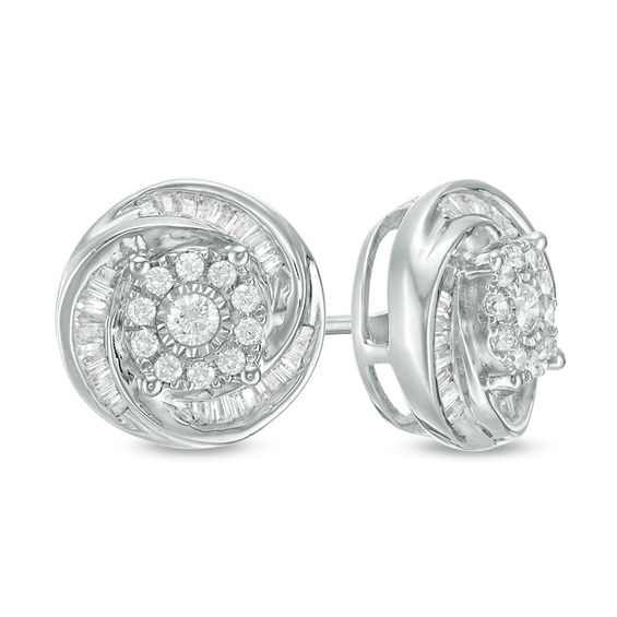 3/4 CT. T.w. Baguette and Round Diamond Swirl Love Knot Stud Earrings in Sterling Silver