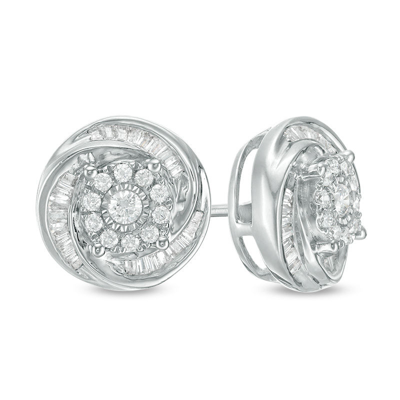 Main Image 1 of 3/4 CT. T.W. Baguette and Round Diamond Swirl Love Knot Stud Earrings in Sterling Silver