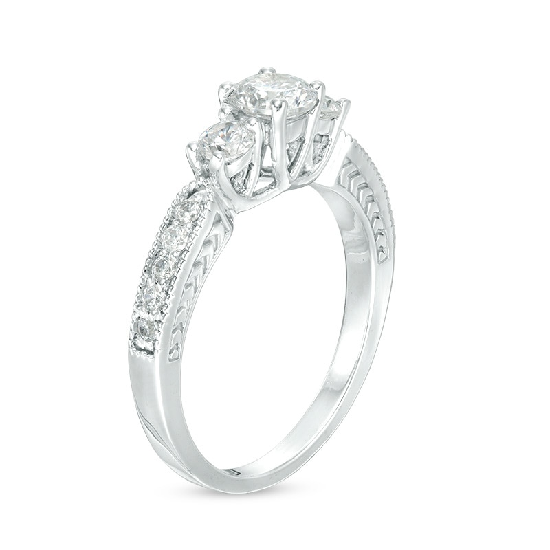 Main Image 2 of 3/4 CT. T.W. Diamond Three Stone Vintage-Style Engagement Ring in 10K White Gold