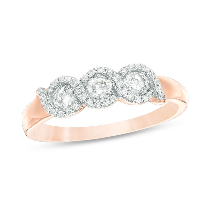 1/2 CT. T.W. Diamond Three Stone Twist Frame Engagement Ring in 10K Rose Gold