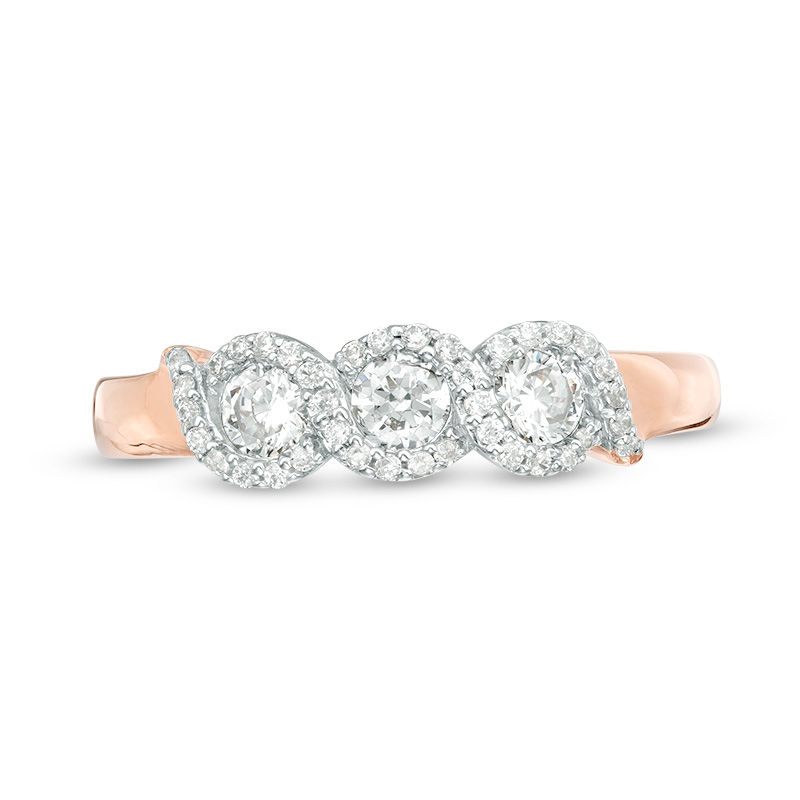1/2 CT. T.W. Diamond Three Stone Twist Frame Engagement Ring in 10K Rose Gold