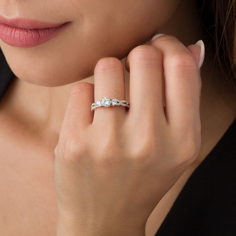 Main Image 3 of 1 CT. T.W. Diamond Three Stone Braid Engagement Ring in 10K Rose Gold