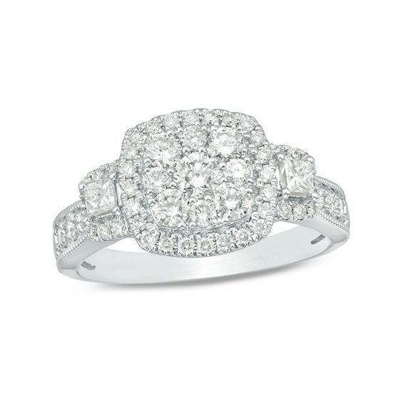 1 CT. T.w. Composite Diamond Cushion Frame Three Stone Engagement Ring in 14K White Gold