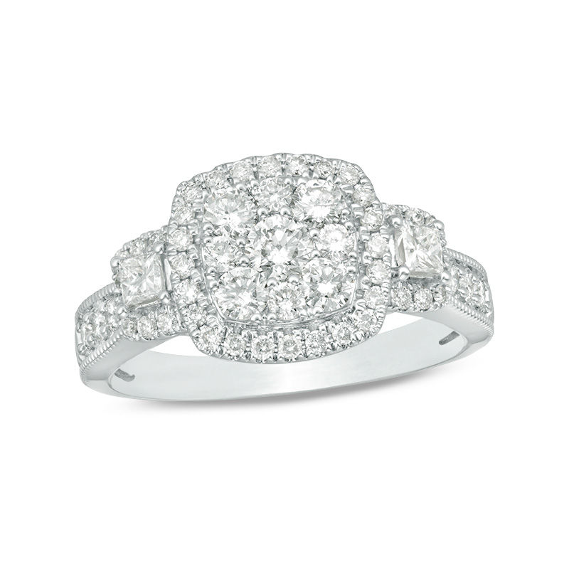 Main Image 1 of 1 CT. T.W. Composite Diamond Cushion Frame Three Stone Engagement Ring in 14K White Gold