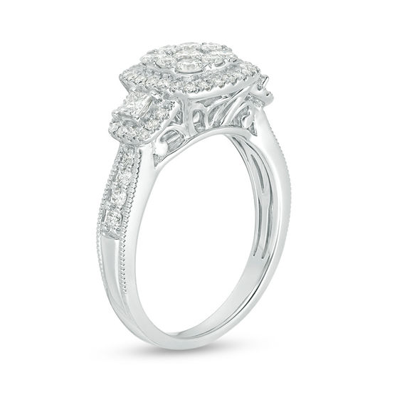 1 CT. T.w. Composite Diamond Cushion Frame Three Stone Engagement Ring in 14K White Gold