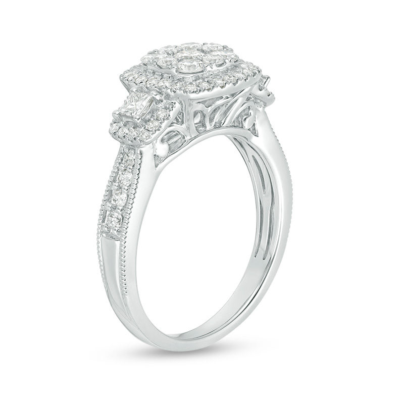 Main Image 2 of 1 CT. T.W. Composite Diamond Cushion Frame Three Stone Engagement Ring in 14K White Gold