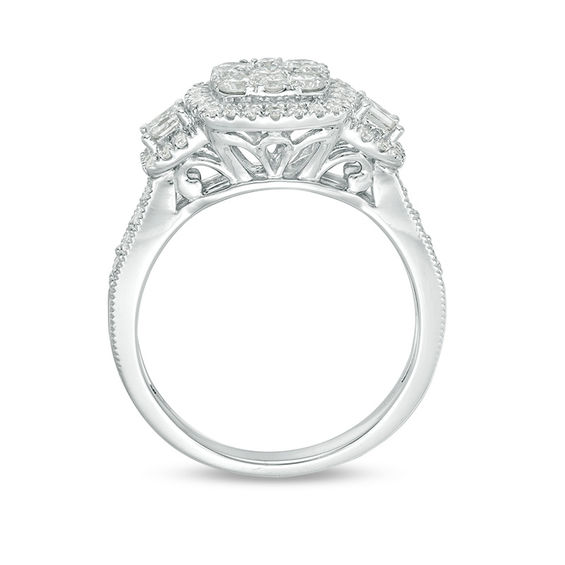 1 CT. T.w. Composite Diamond Cushion Frame Three Stone Engagement Ring in 14K White Gold