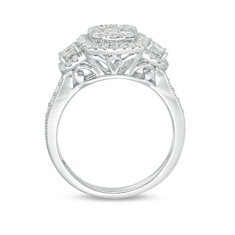 1 CT. T.W. Composite Diamond Cushion Frame Three Stone Engagement Ring in 14K White Gold