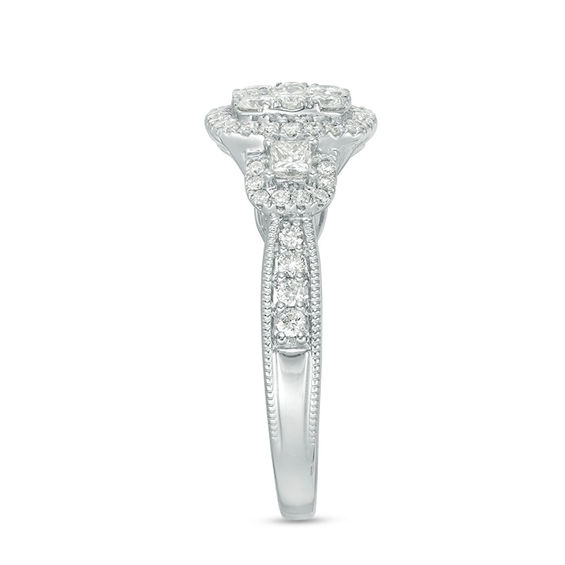 1 CT. T.w. Composite Diamond Cushion Frame Three Stone Engagement Ring in 14K White Gold