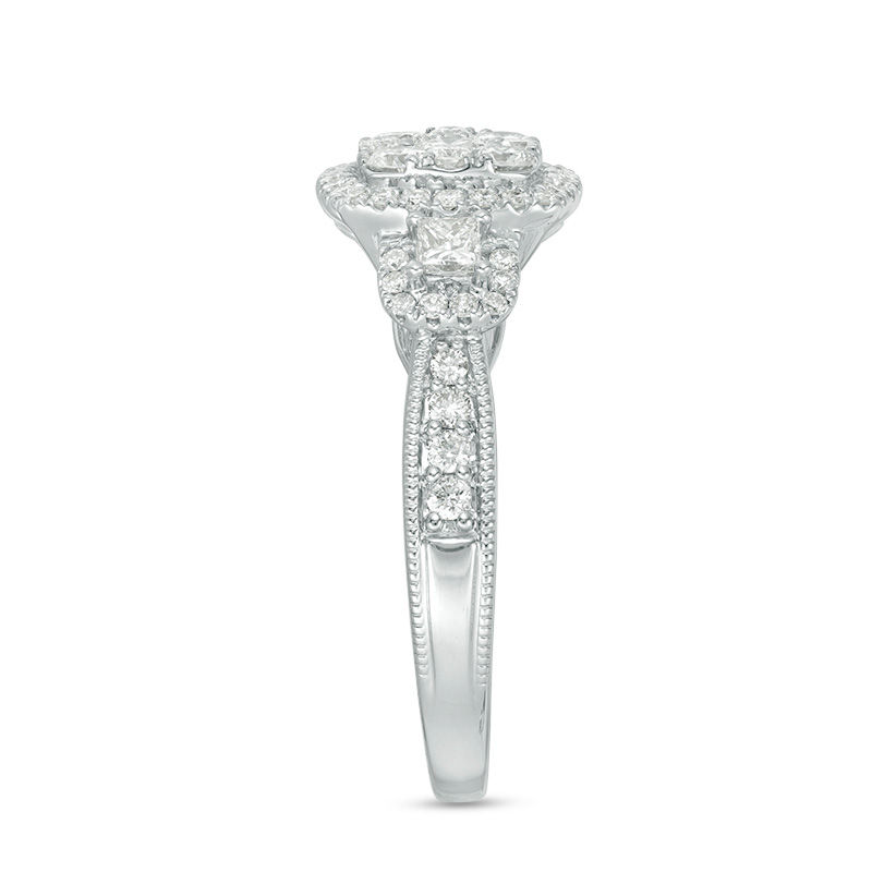 Main Image 4 of 1 CT. T.W. Composite Diamond Cushion Frame Three Stone Engagement Ring in 14K White Gold
