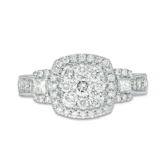1 CT. T.w. Composite Diamond Cushion Frame Three Stone Engagement Ring in 14K White Gold