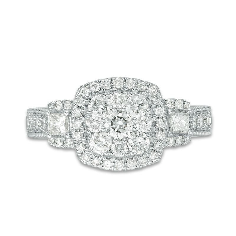 Main Image 5 of 1 CT. T.W. Composite Diamond Cushion Frame Three Stone Engagement Ring in 14K White Gold