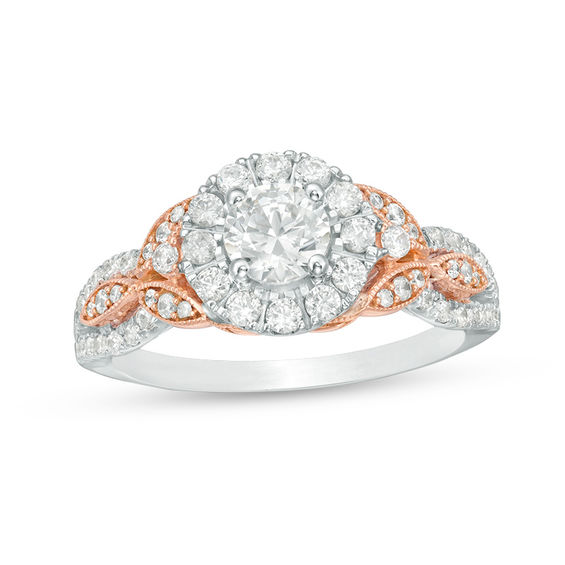 1 CT. T.w. Diamond Frame Leaf-Sides Vintage-Style Engagement Ring in 14K Two-Tone Gold