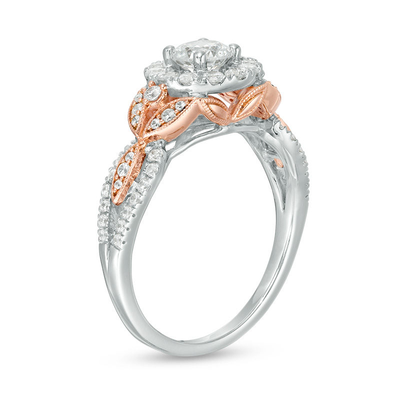 Main Image 2 of 1 CT. T.W. Diamond Frame Leaf-Sides Vintage-Style Engagement Ring in 14K Two-Tone Gold