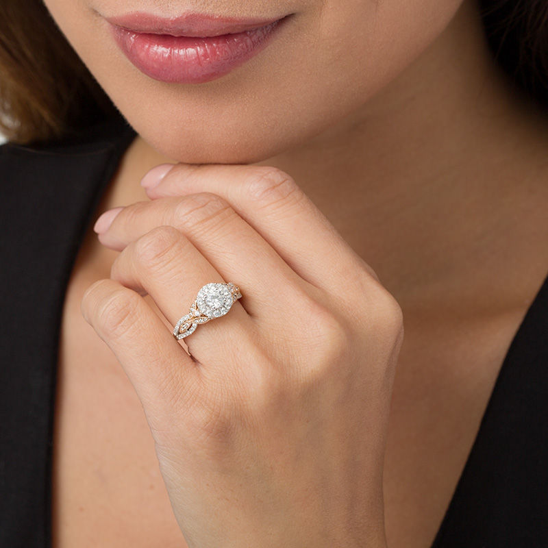 Main Image 3 of 1 CT. T.W. Diamond Frame Leaf-Sides Vintage-Style Engagement Ring in 14K Two-Tone Gold