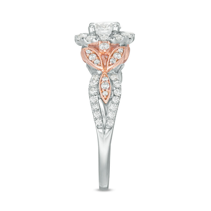 Main Image 4 of 1 CT. T.W. Diamond Frame Leaf-Sides Vintage-Style Engagement Ring in 14K Two-Tone Gold