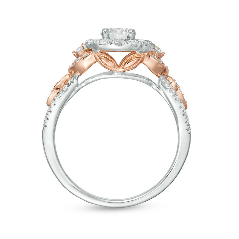 Main Image 5 of 1 CT. T.W. Diamond Frame Leaf-Sides Vintage-Style Engagement Ring in 14K Two-Tone Gold
