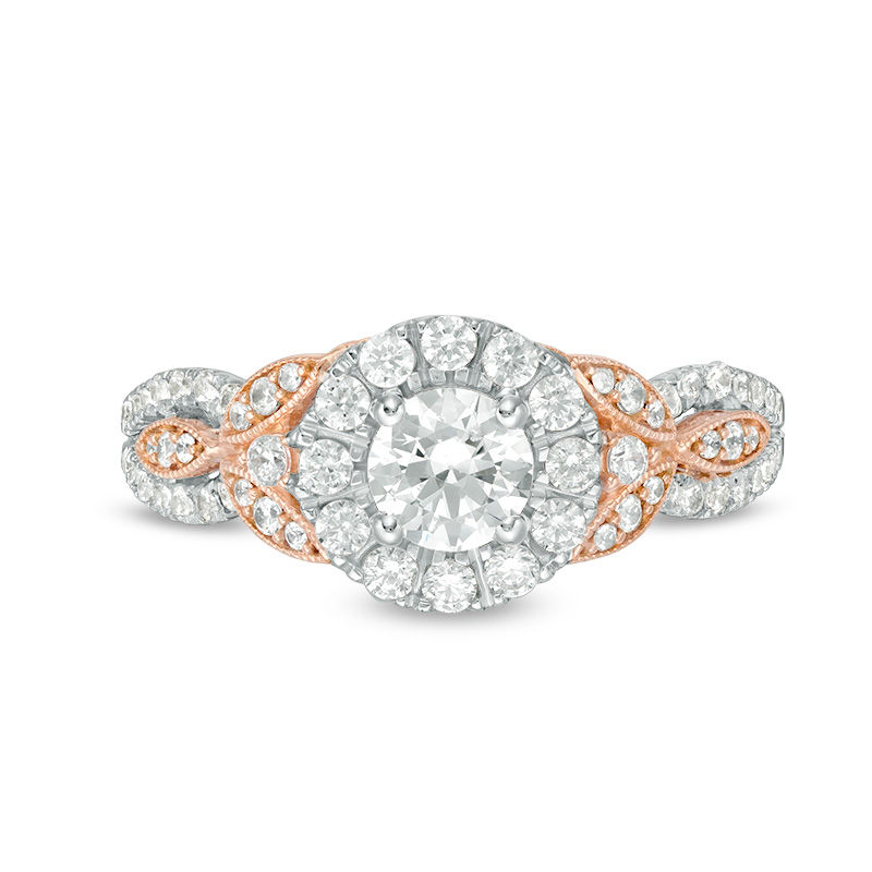 Main Image 6 of 1 CT. T.W. Diamond Frame Leaf-Sides Vintage-Style Engagement Ring in 14K Two-Tone Gold