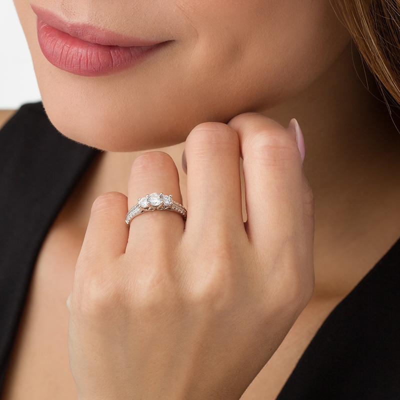 Main Image 3 of 1 CT. T.W. Diamond Three Stone Two Row Engagement Ring in 10K White Gold