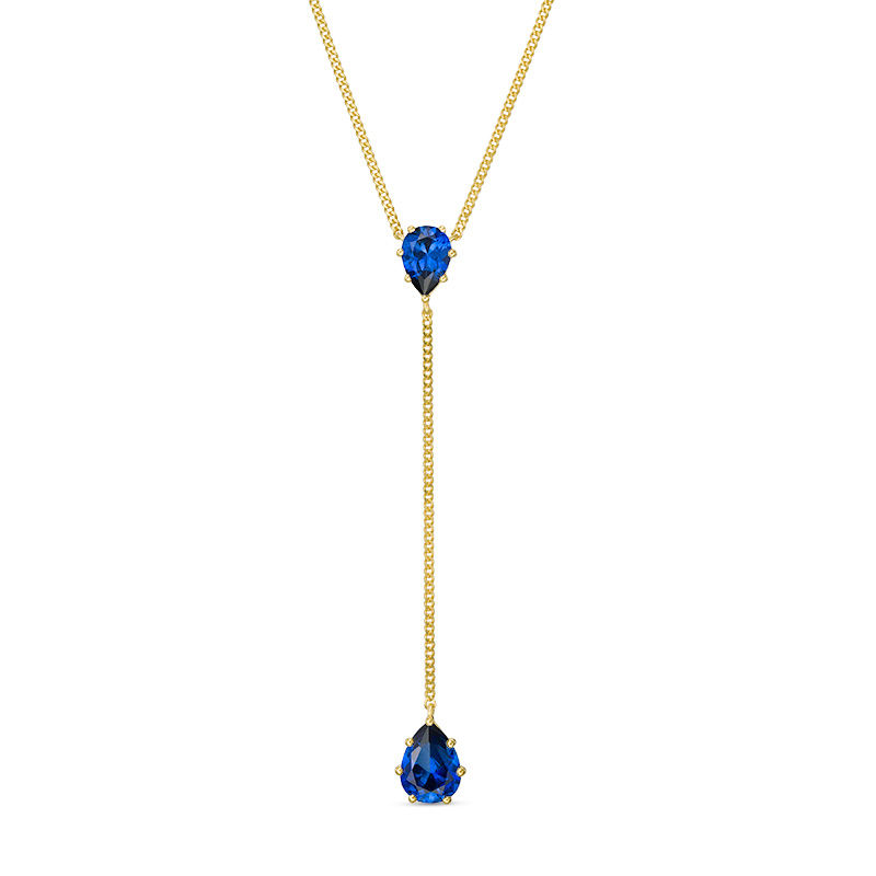 Main Image 1 of Pear-Shaped Lab-Created Blue Sapphire "Y" Necklace in 10K Gold - 19"