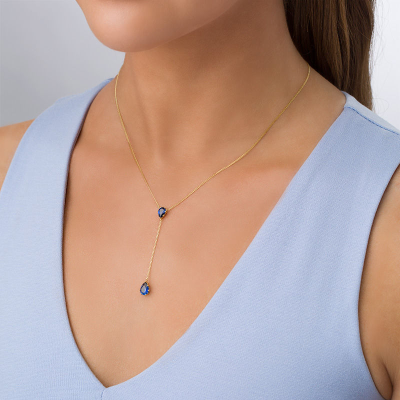 Pear-Shaped Lab-Created Blue Sapphire "Y" Necklace in 10K Gold - 19"