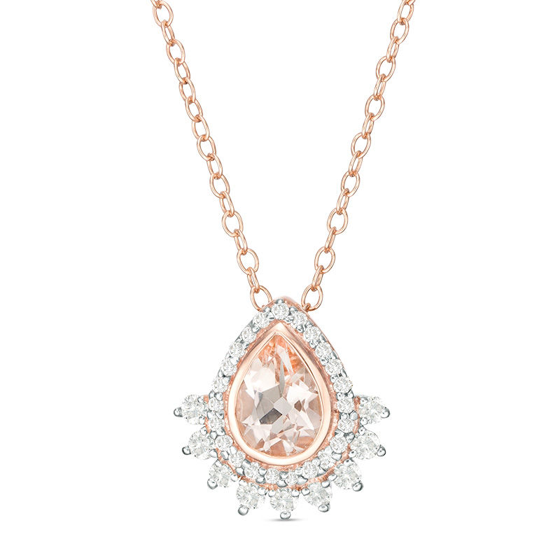 Main Image 1 of Pear-Shaped Morganite and 1/4 CT. T.W. Diamond Frame Pendant in 10K Rose Gold