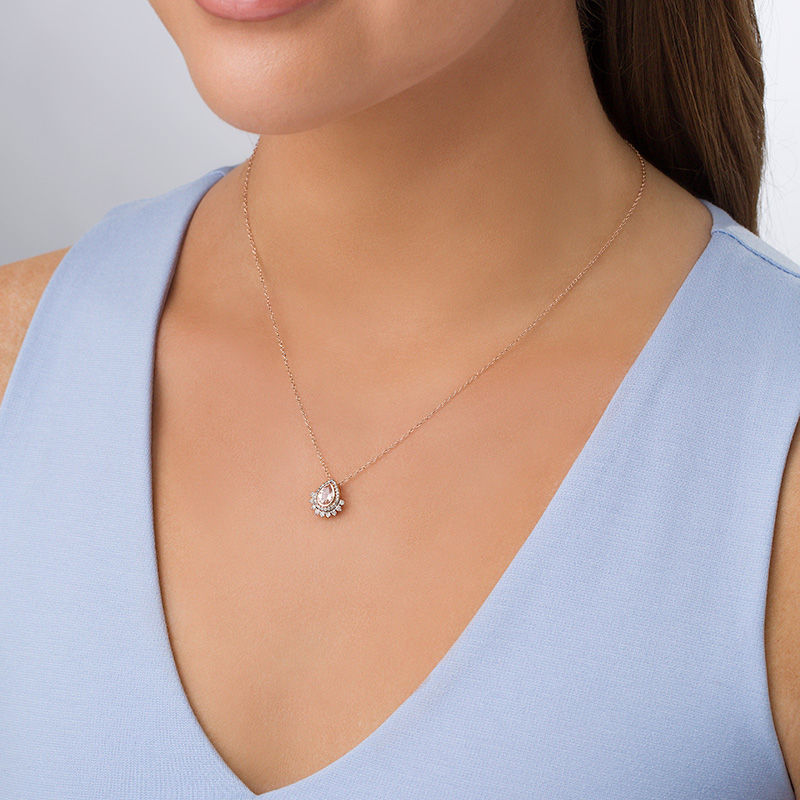 Main Image 2 of Pear-Shaped Morganite and 1/4 CT. T.W. Diamond Frame Pendant in 10K Rose Gold