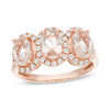 Thumbnail Image 0 of Oval Morganite and White Topaz Frame Three Stone Ring in 10K Rose Gold