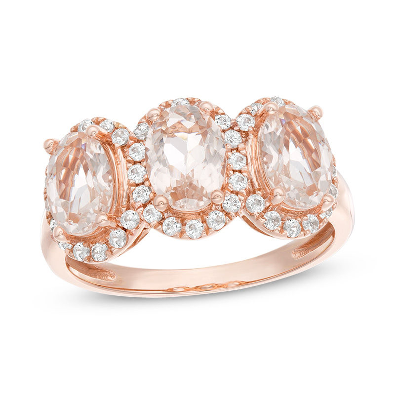 Main Image 1 of Oval Morganite and White Topaz Frame Three Stone Ring in 10K Rose Gold