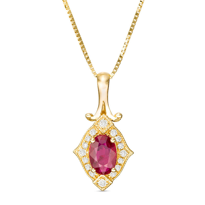 Main Image 1 of Oval Ruby and 1/20 CT. T.W. Diamond Vintage-Style Frame Doorknocker Pendant in 10K Gold