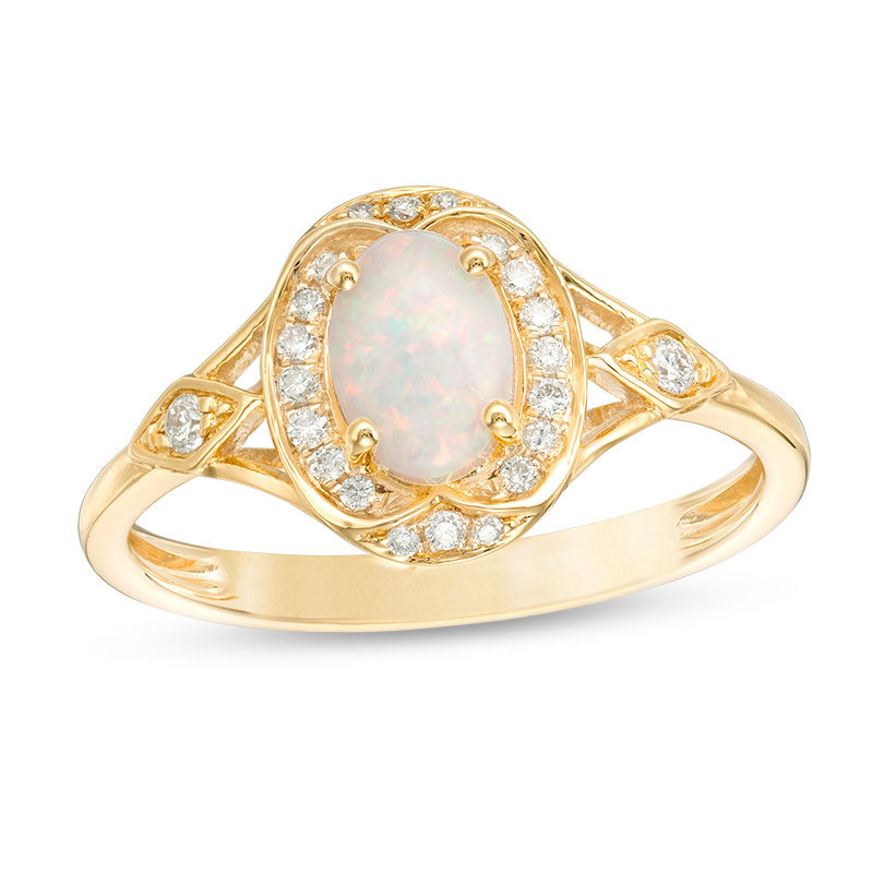 Main Image 1 of Oval Opal and 1/10 CT. T.W. Diamond Frame Split Shank Vintage-Style Ring in 10K Gold