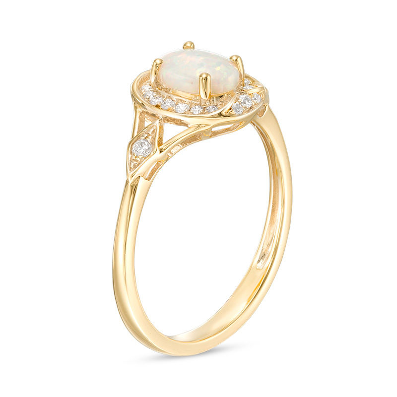 Main Image 2 of Oval Opal and 1/10 CT. T.W. Diamond Frame Split Shank Vintage-Style Ring in 10K Gold