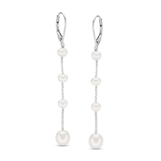 4.0-8.0mm Oval Freshwater Cultured Pearl Silver Thread Station Drop Earrings with Sterling Silver Backs