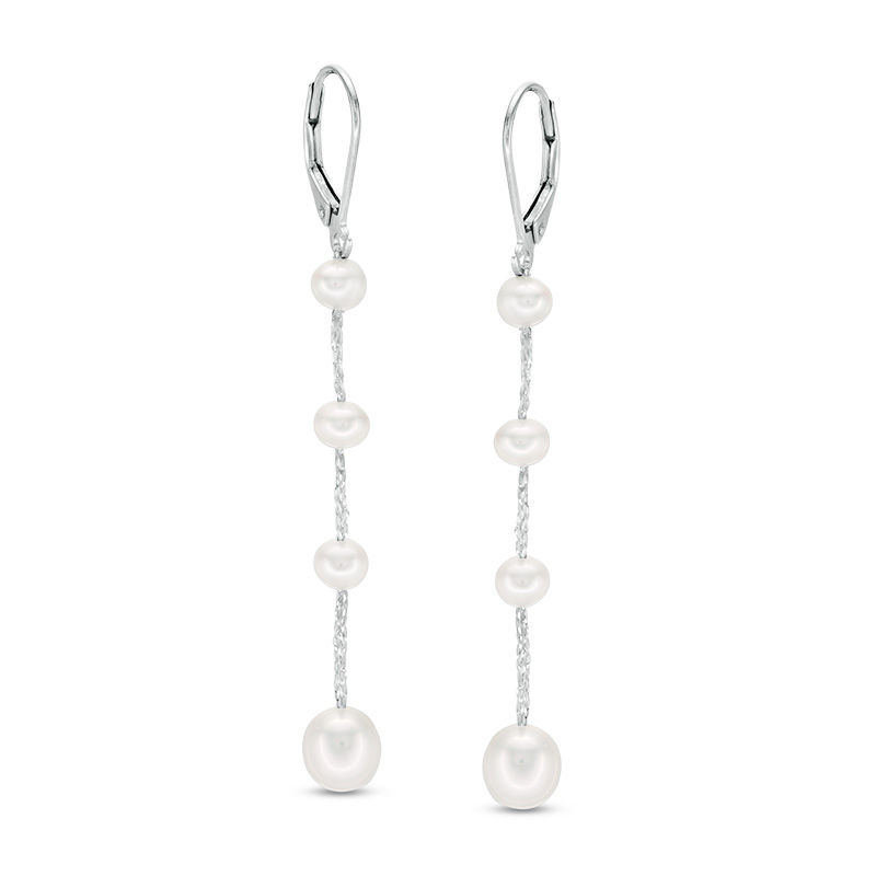 Main Image 1 of 4.0-8.0mm Oval Freshwater Cultured Pearl Silver Thread Station Drop Earrings with Sterling Silver Backs