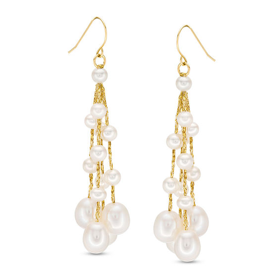 4.0-8.0mm Oval Freshwater Cultured Pearl Gold Thread Tassel Drop Earrings with 14K Gold Backs