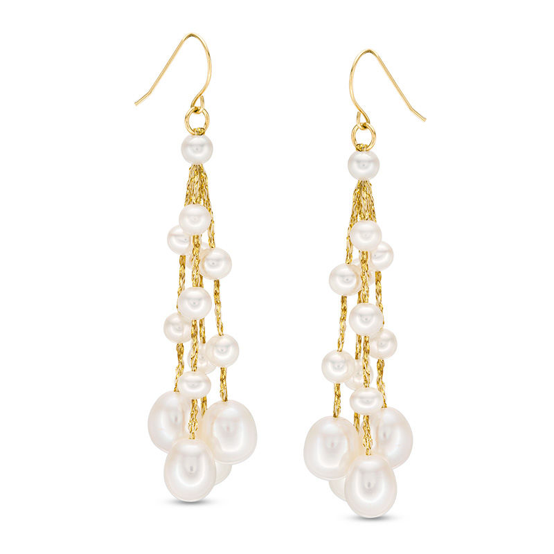 Main Image 1 of 4.0-8.0mm Oval Freshwater Cultured Pearl Gold Thread Tassel Drop Earrings with 14K Gold Backs