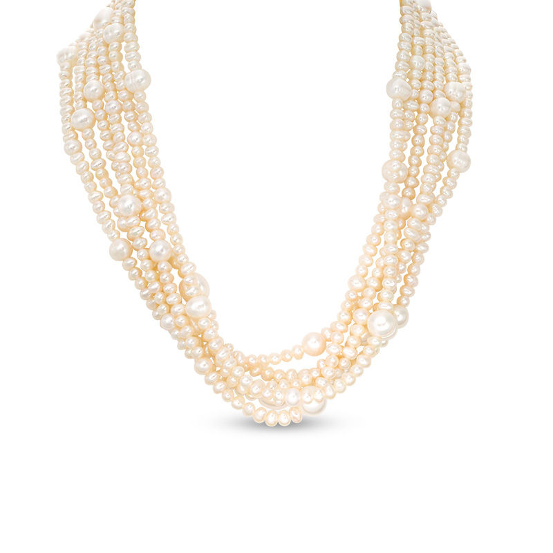 Main Image 1 of 3.0-10.0mm Baroque Freshwater Cultured Pearl Multi-Strand Necklace with Sterling Silver Clasp-17.5"